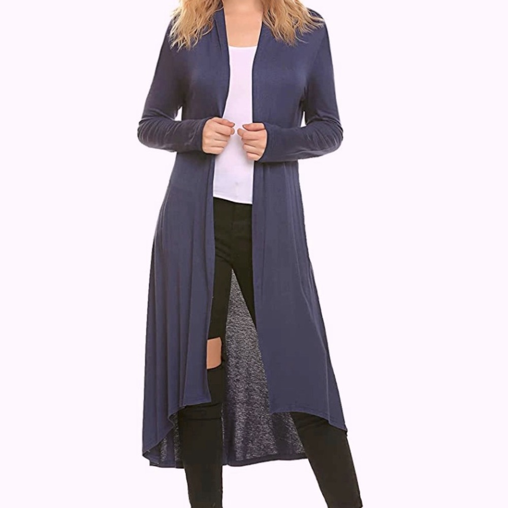 Casual Long Open Front Drape Lightweight Duster Maxi Long Sleeve Cardigan navy
